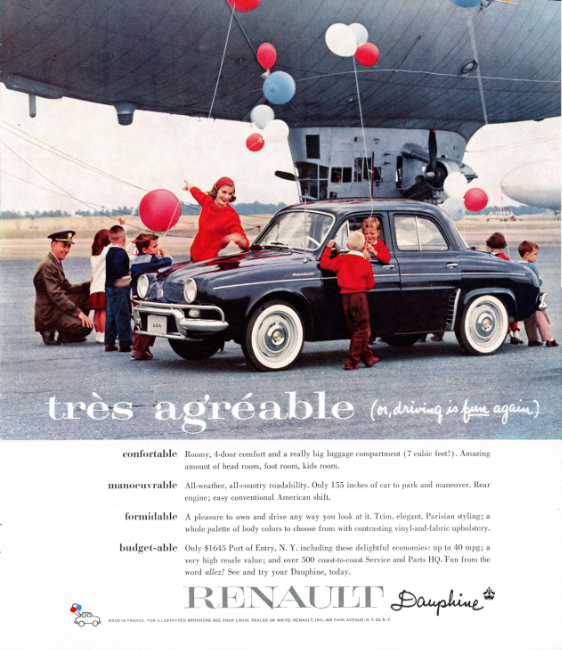 Renault Dauphine. Holiday magazine, November 1958.
