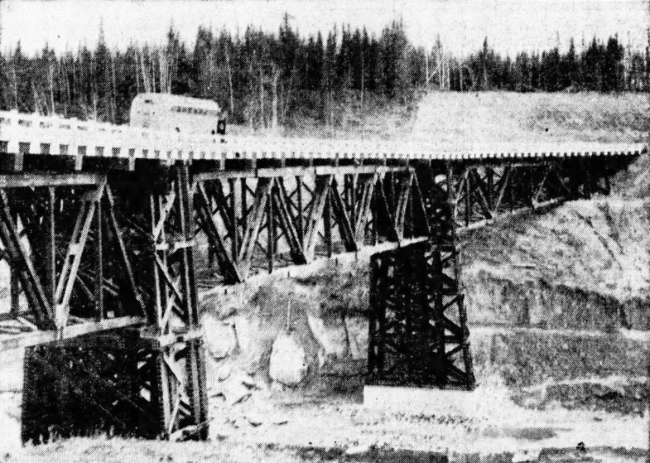 A Northwest Service Command bus on the Sikanni Chief Bridge, 1944