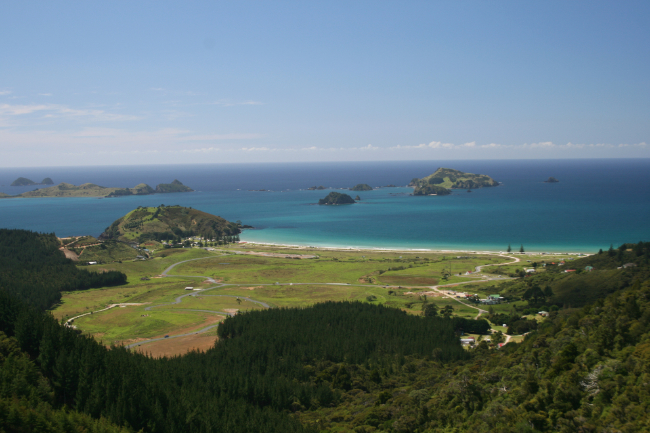 A view of Matauri Bay, New Zealand, from the side of Wainui Road.