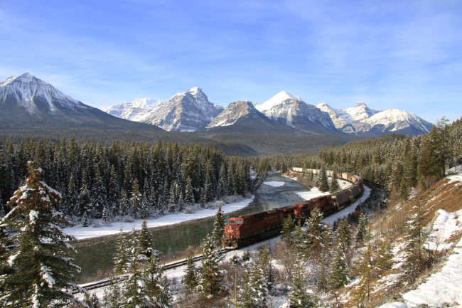 A train at Morant's Curve in the Canadian Rockies