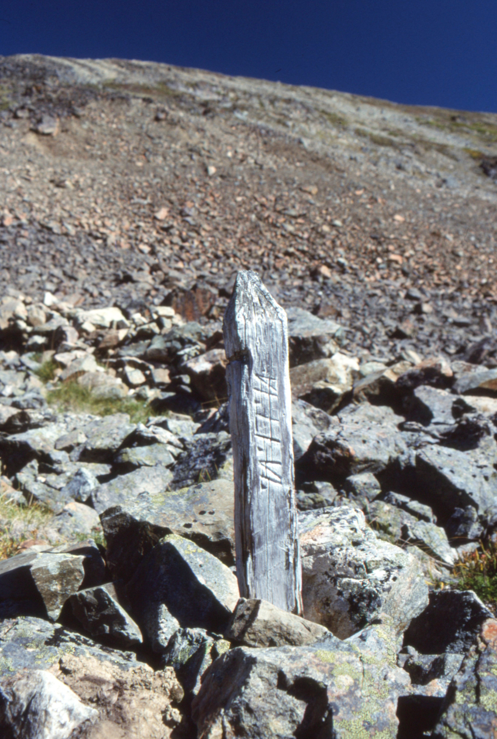 A 1905 claim post on the Uranus claim, Montana Mountain, Yukon.