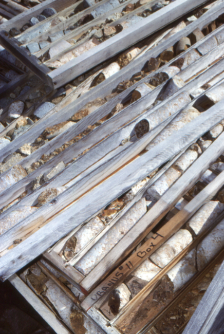 Drill core trays at the Uranus silver mining claim on Montana Mountain, Yukon