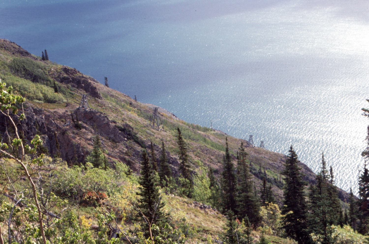 Four aerial tramway stands can be seen on the north side of Pooley Canyon.