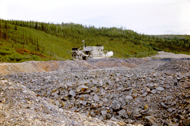 An operating gold dredge in the Klondike, 1966