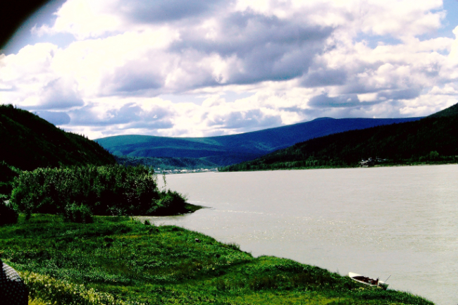 Looking back up the Yukon River to Dawson City, July 1966