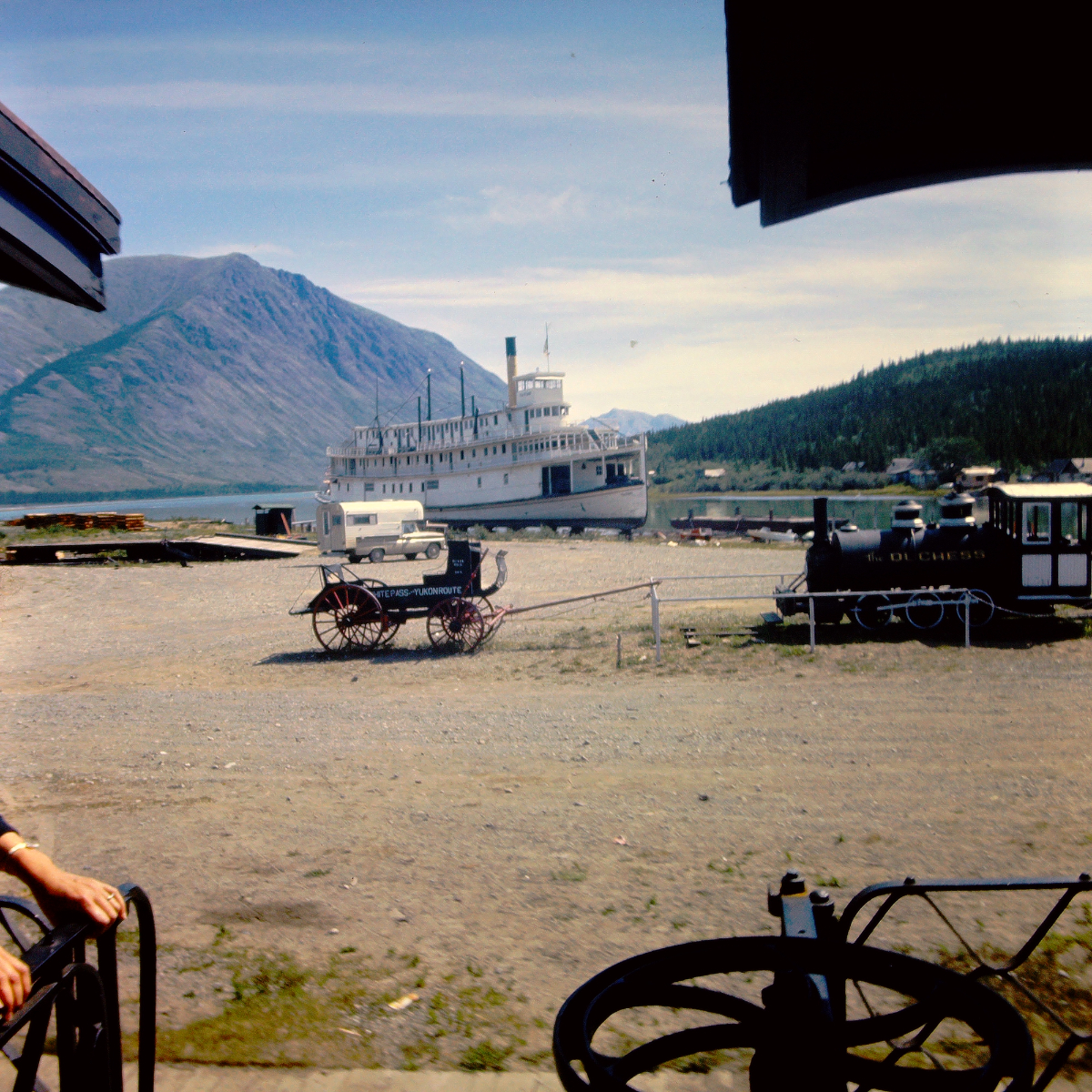 The Tutshi, a White Pass mail stage, and the locomotive 'Duchess', 1966.
