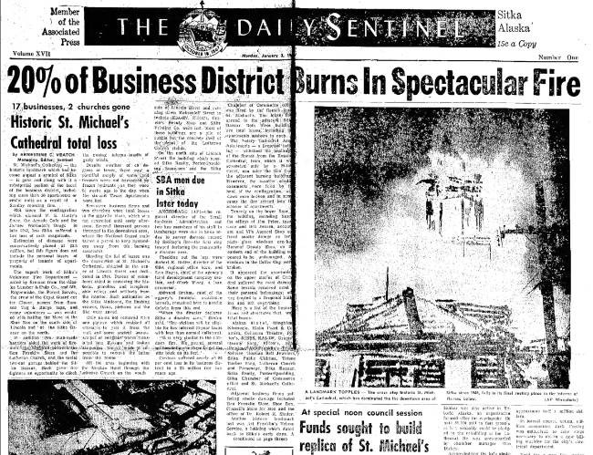 Historic church burns in Sitka, January 1966