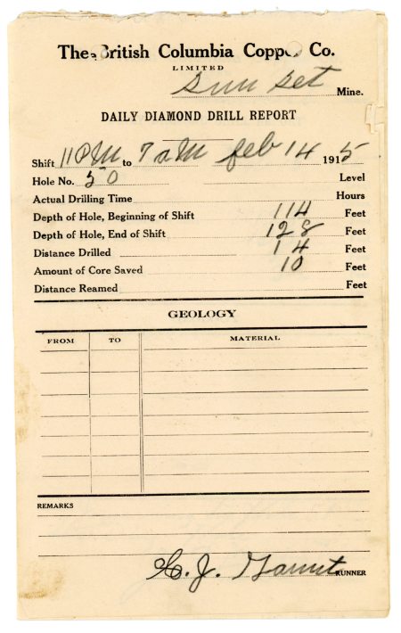 Drill report - Sunset Mine, Copper Mountain, February 1915