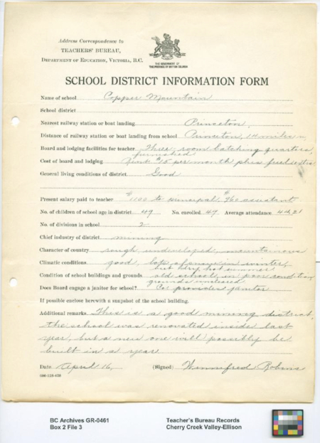 Copper Mountain School information form, 1928
