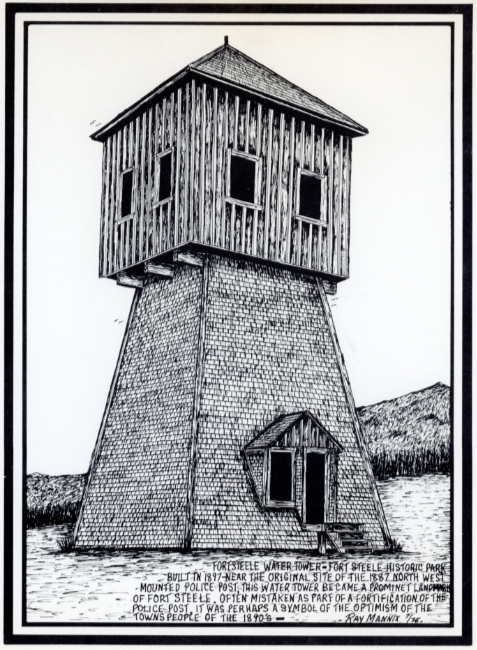 The Water Tower at Fort Steele, British Columbia - pen-and-ink drawing by Ray Mannix.