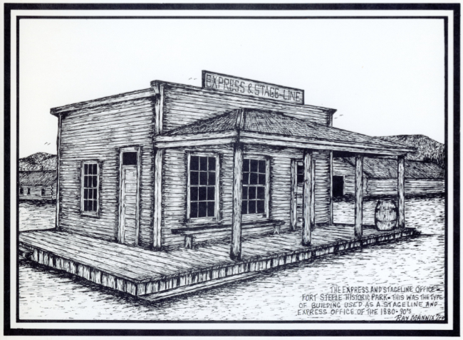 The Express and Stage Line Office at Fort Steele, British Columbia - pen-and-ink drawing by Ray Mannix.