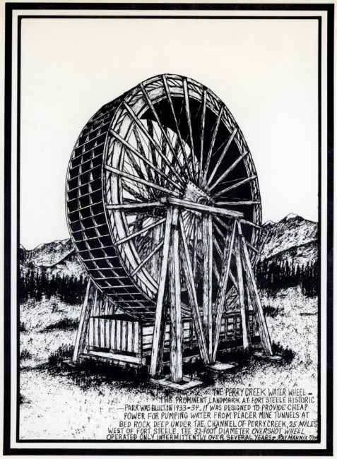 The Perry Creek Water Wheel at Fort Steele, British Columbia - pen-and-ink drawing by Ray Mannix.