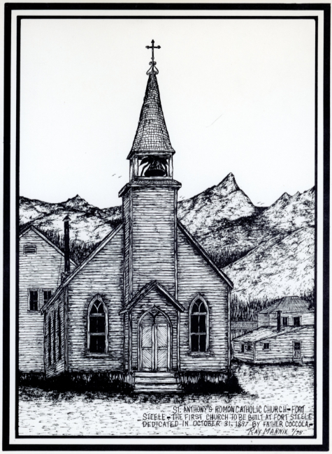St. Anthony's Roman Catholic Church at Fort Steele, British Columbia - pen-and-ink drawing by Ray Mannix.