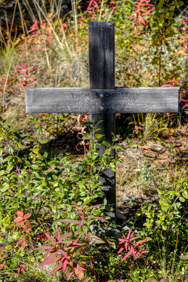 Headboard for Thomas 'Tommy' Christien, Atlin Pioneer Cemetery, BC
