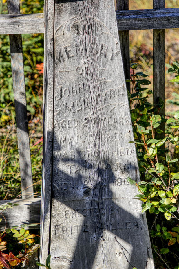 Headboard for mail carrier John McIntyre, Atlin Pioneer Cemetery, BC