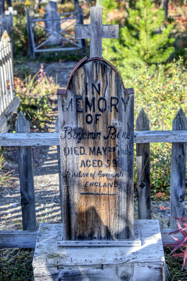 Grave of Benjamin Thomas Bone in the Atlin Pioneer Cemetery, BC