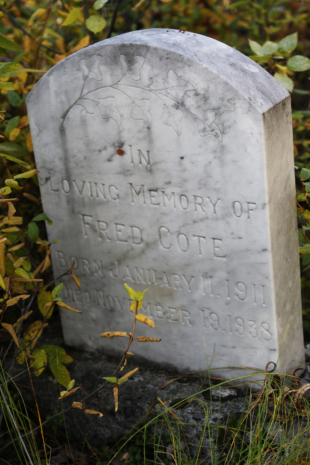 Grave of Fred Cote in the Atlin Pioneer Cemetery, BC