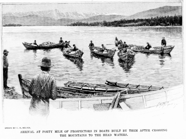 Arrival at Forty Mile of prospectors in boats built by them after crossing the mountains to the head waters, 1897