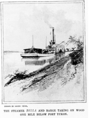 The steamer Bella and barge taking on wood one mile below Fort Yukon, 1897