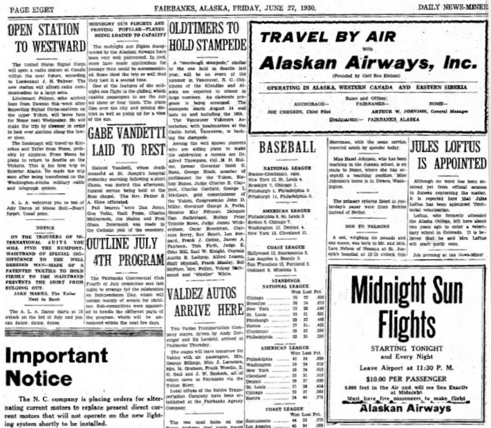 Alaskan Airways ads in the Fairbanks Daily News-Miner, 1930