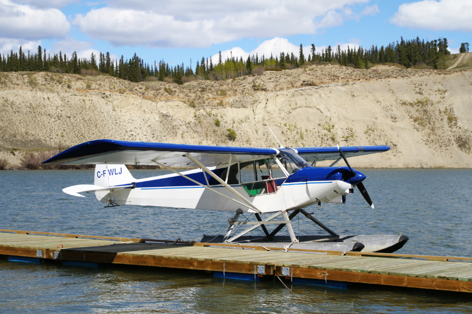 C-FWLJ, a 1966 Piper PA-18-150 Super Cub owned by Widrig Outfitters, at Schwatka Lake (CEZ5), Whitehorse, Yukon, on May 21, 2020.