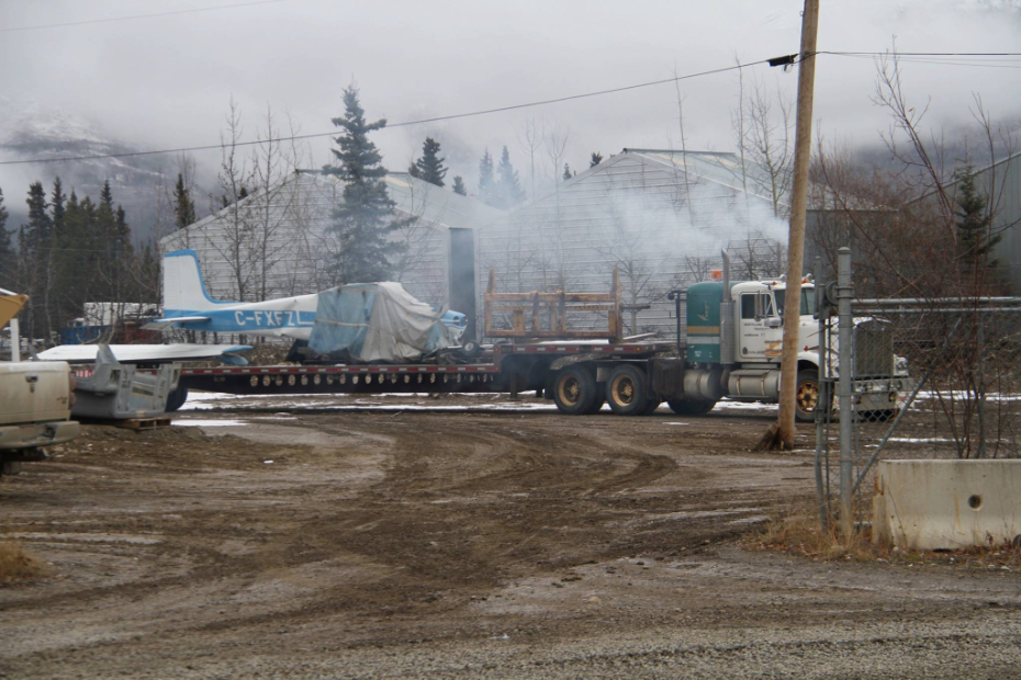 C-FXFZ, a 1957 Cessna 172, being trucked away from the Petro-Canada station at McRae on October 18, 2017.