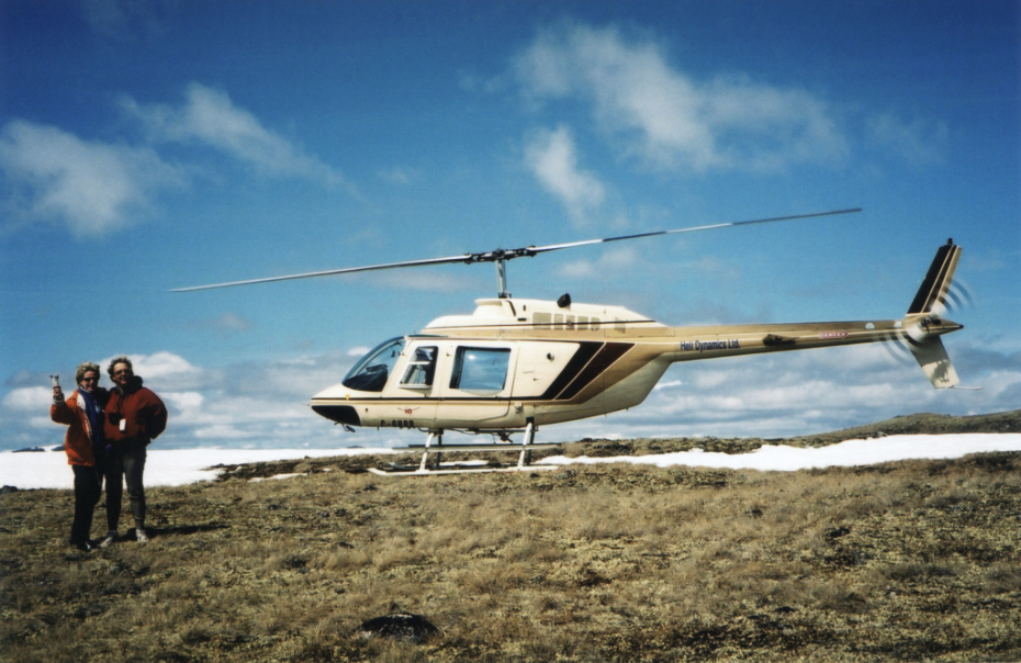 C-GHDD, a Bell 206B JetRanger II operated by Heli Dynamics, on a mountaintop overlooking Lake Bennett, Yukon, in 2002.