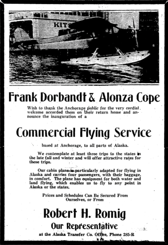 Advertisement: Frank Dorbandt and Alonza Cope, Commercial Flying Service, 1930
