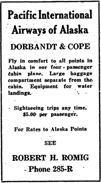 Advertisement: Frank Dorbandt and Alonza Cope, Pacific International Airways of Alaska, 1930