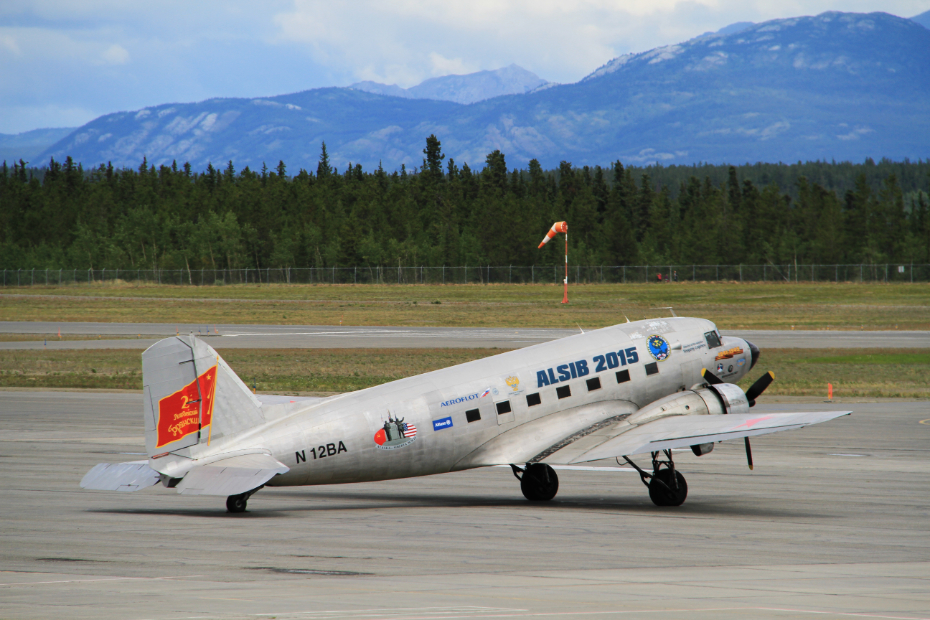 N12BA, a 1943 Douglas C-47A-50-DL, at Whitehorse, Yukon (YXY) on July 23, 2015, en route to Russia, where it remained.