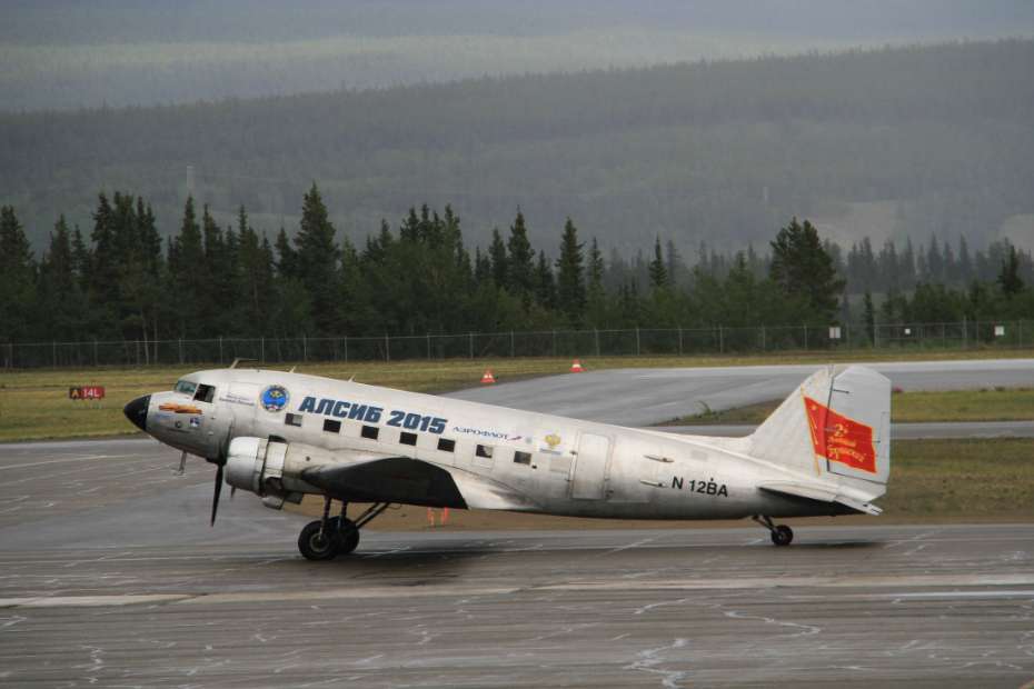 N12BA, a 1943 Douglas C-47A-50-DL, at Whitehorse, Yukon (YXY) on July 23, 2015, en route to Russia, where it remained.