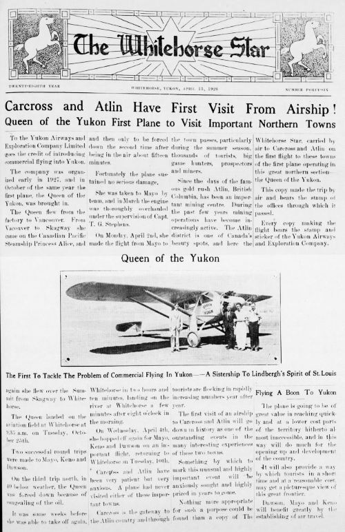 The entire front page of The Whitehorse Star was about the Queen of the Yukon on April 13, 1928.