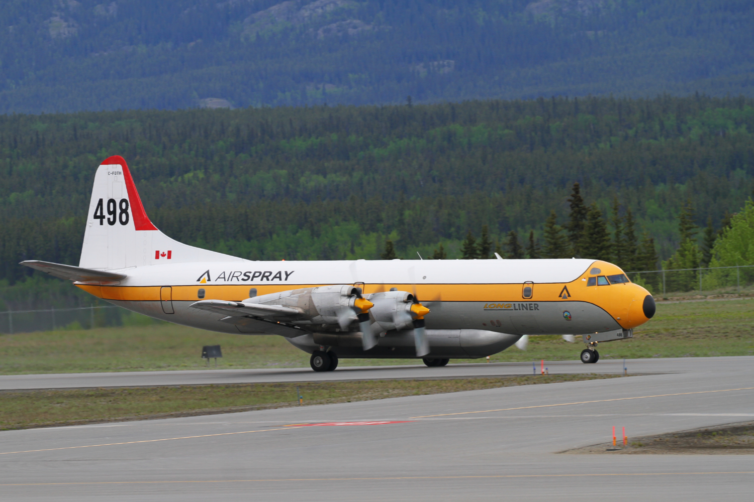 Air Spray's Lockheed 188A Electra C-FDTH at Whitehorse, Yukon (CYXY) on May 28, 2020.