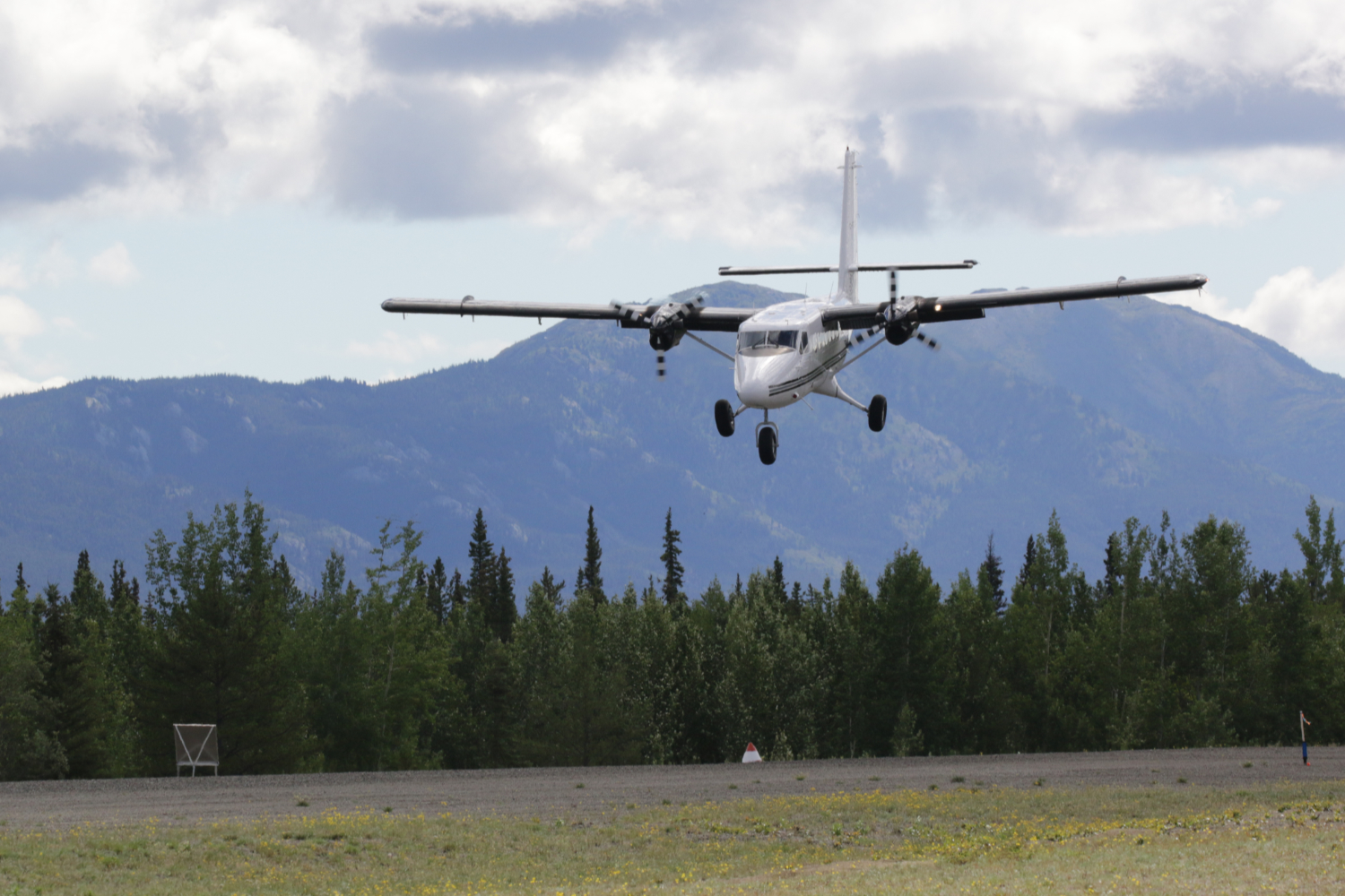 C-FZDQ, a 1972 de Havilland DHC-6-300 Twin Otter operated by Tintina Air, at Cousins Airport, Yukon (CFP8), on July 25, 2026.