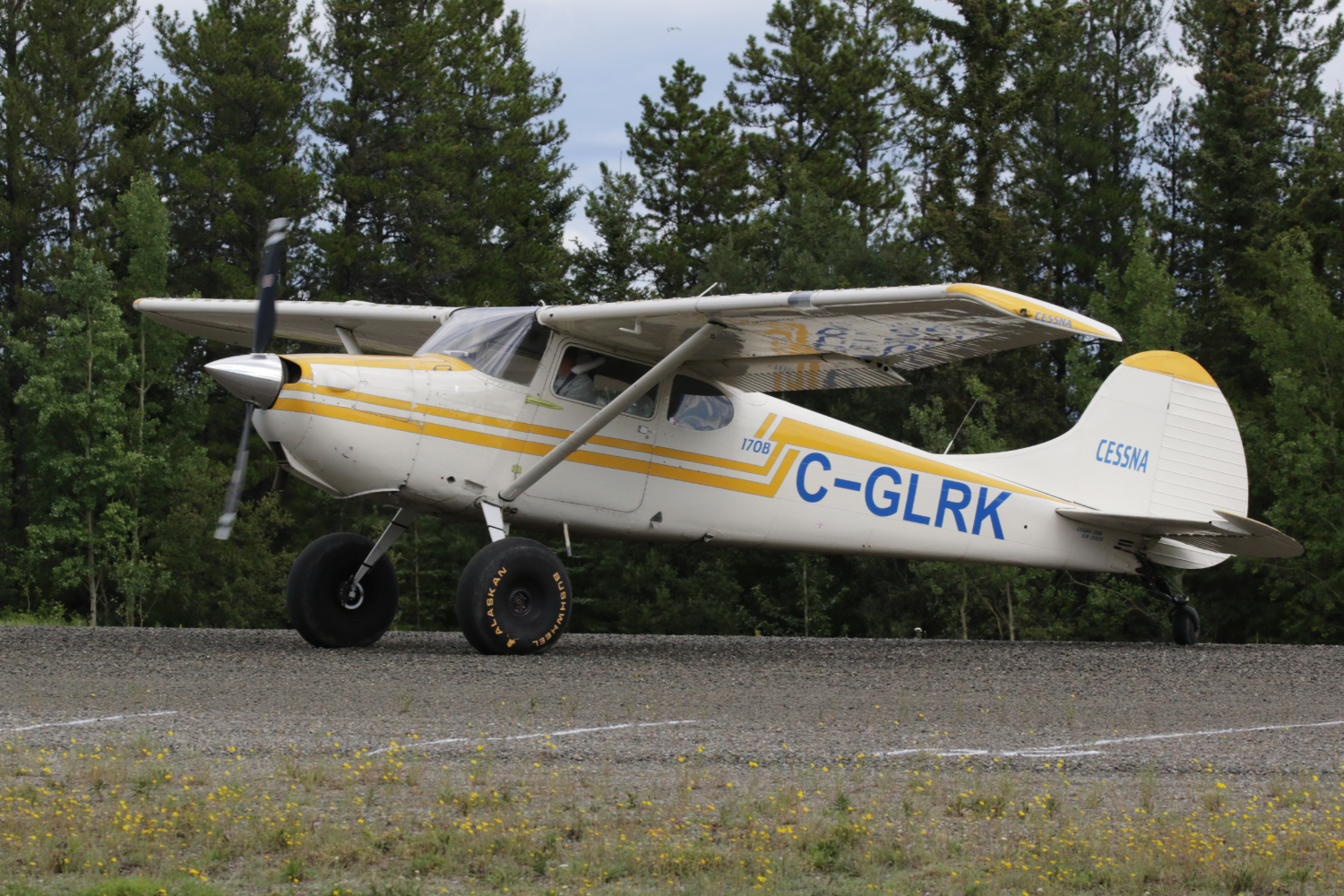 A photo of C-GLRK, a 1953 Cessna 170B, at Cousins Airport, Yukon (CFP8), on July 25, 2026.