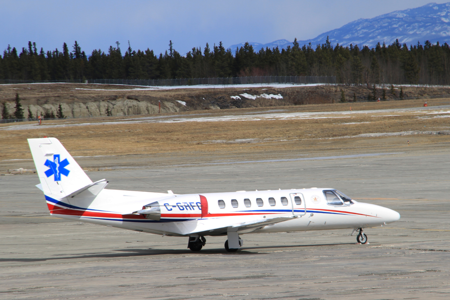 Carson Air's air ambulance C-GRFC, a 2006 Cessna 560 Citation Encore, at Whitehorse, Yukon (YXY), on April 11, 2013.