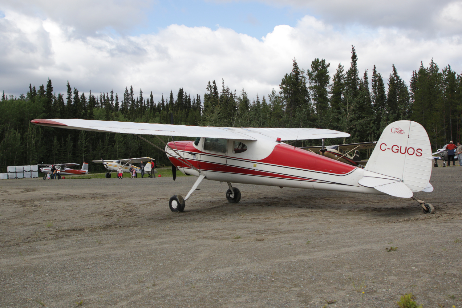 C-GUOS, a 1946 Cessna 140, at Cousins Airport, Yukon (CFP8), on July 25, 2026.