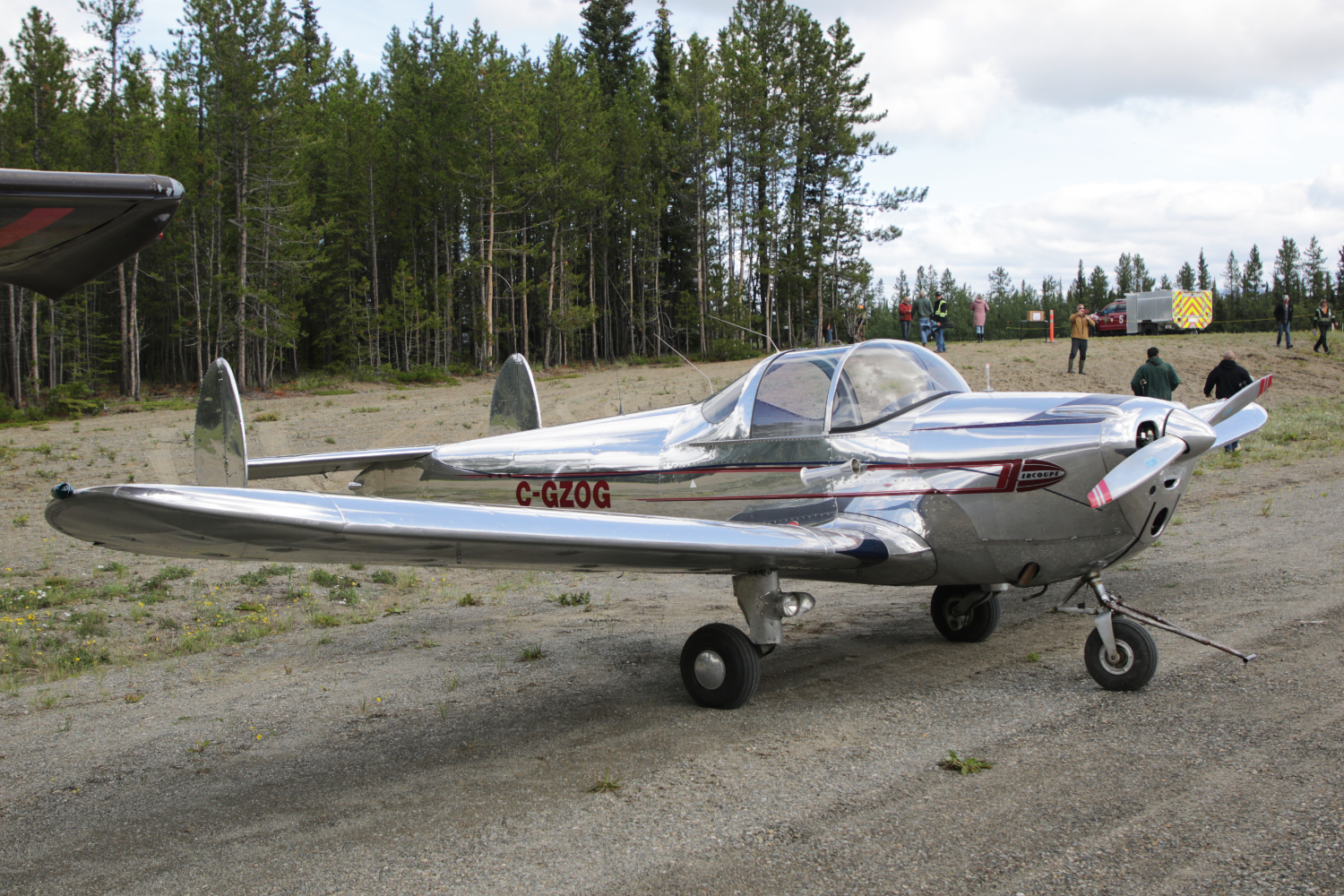 A photo of C-GZOG, a 1946 Ercoupe 415-D, at Cousins Airport, Yukon (CFP8), on July 25, 2026.
