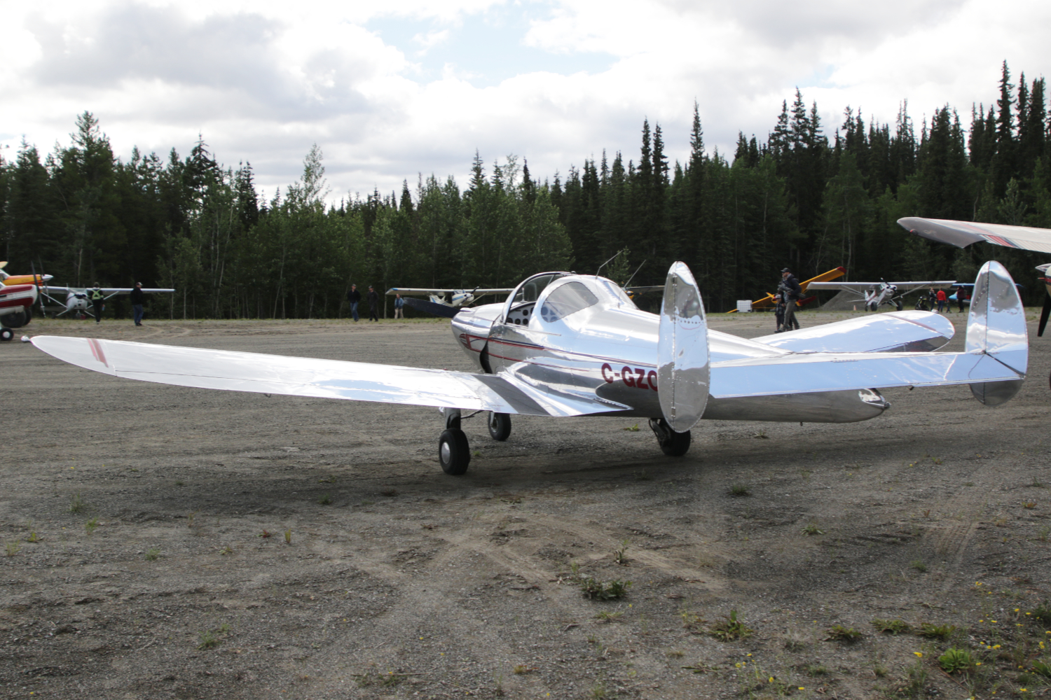 A photo of C-GZOG, a 1946 Ercoupe 415-D, at Cousins Airport, Yukon (CFP8), on July 25, 2026.