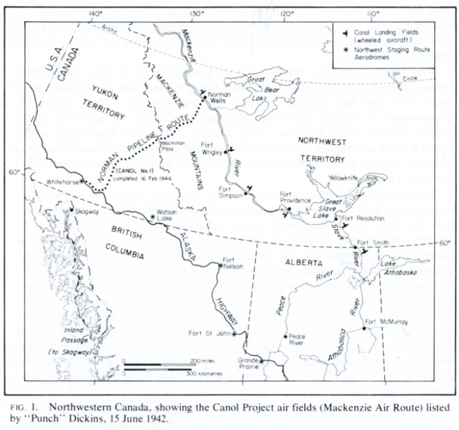 Northwestern Canada, showing the Canol Project air fields (Mackenzie Air Route) listed by 'Punch' Dickins, 15 June 1942.