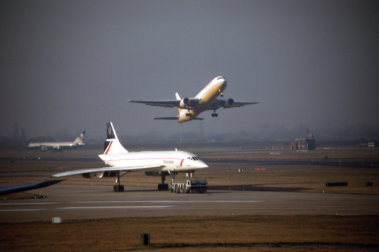 Aerospatiale/BAC Concorde G-BOAF being towed at London Heathrow Airport (LHR) on January 11, 1992.