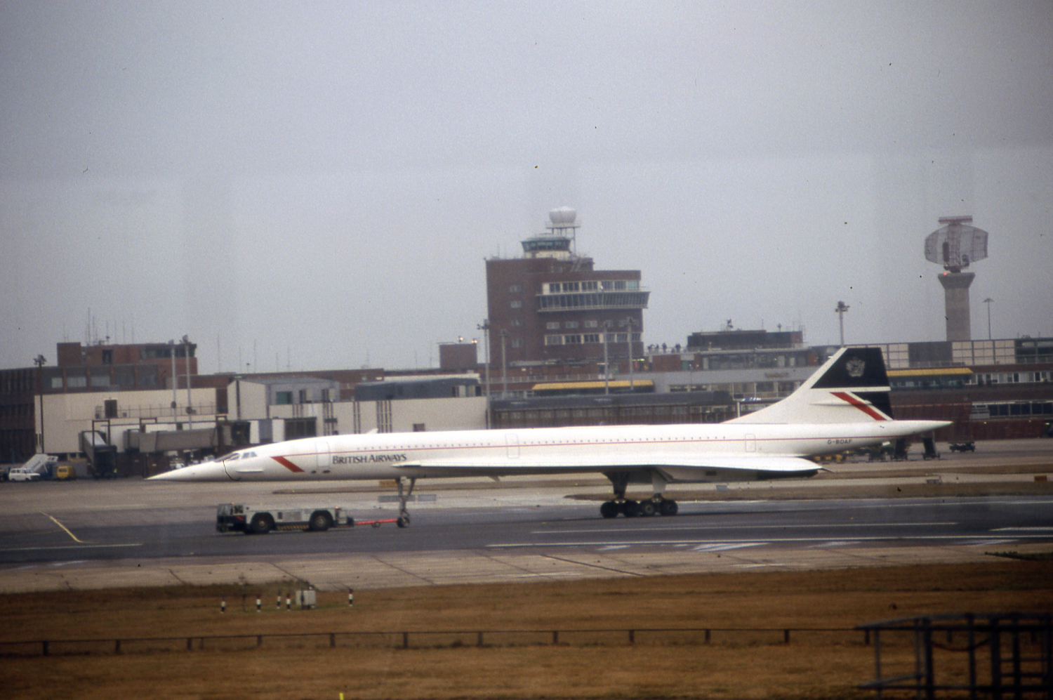 Aerospatiale/BAC Concorde G-BOAF being towed at London Heathrow Airport (LHR) on January 11, 1992.