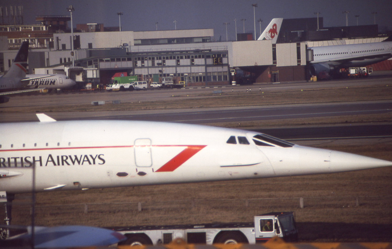 Aerospatiale/BAC Concorde G-BOAF being towed at London Heathrow Airport (LHR) on January 11, 1992.