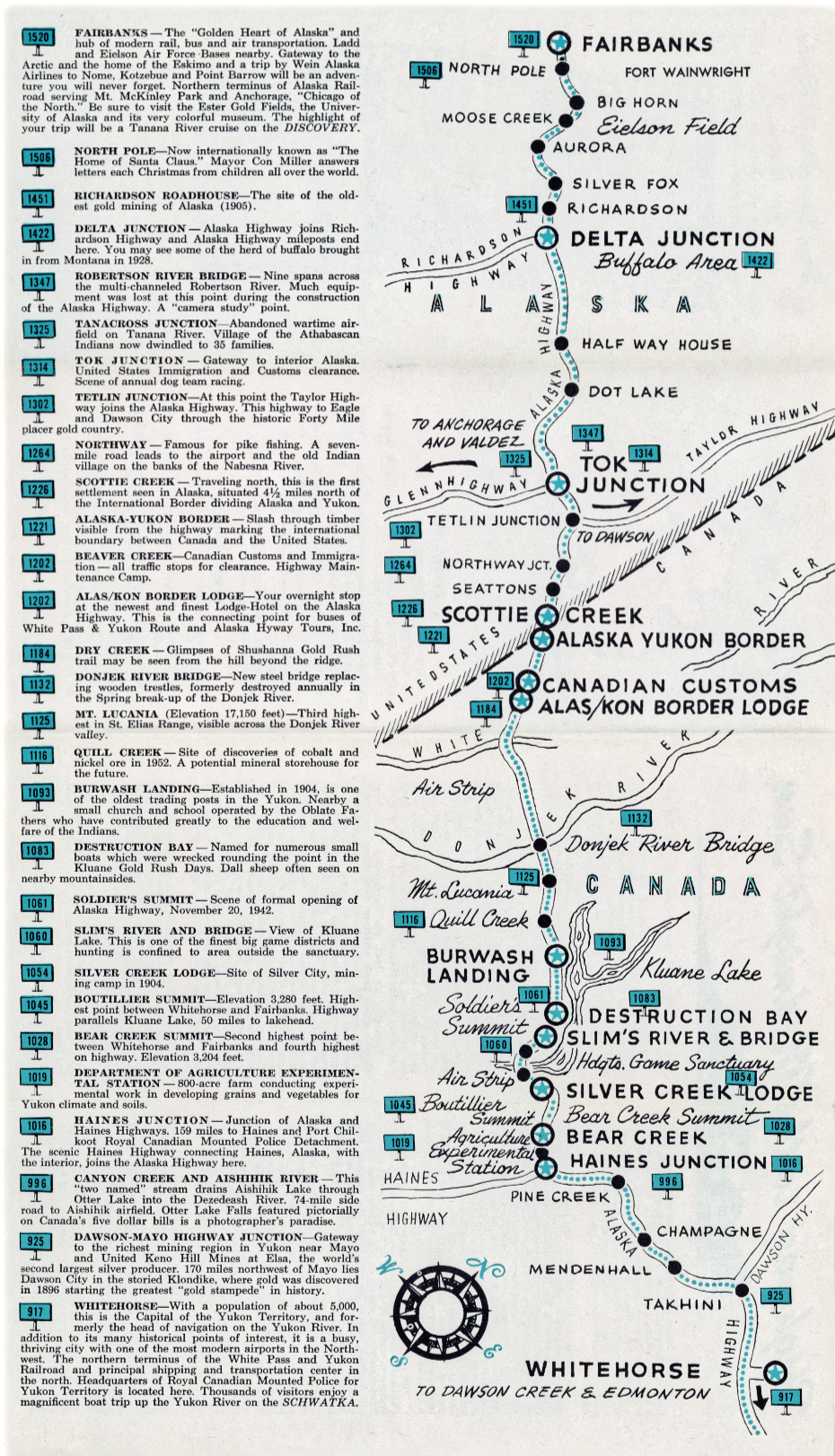 Map of the White Pass & Yukon Route Alaska Highway bus service, 1962