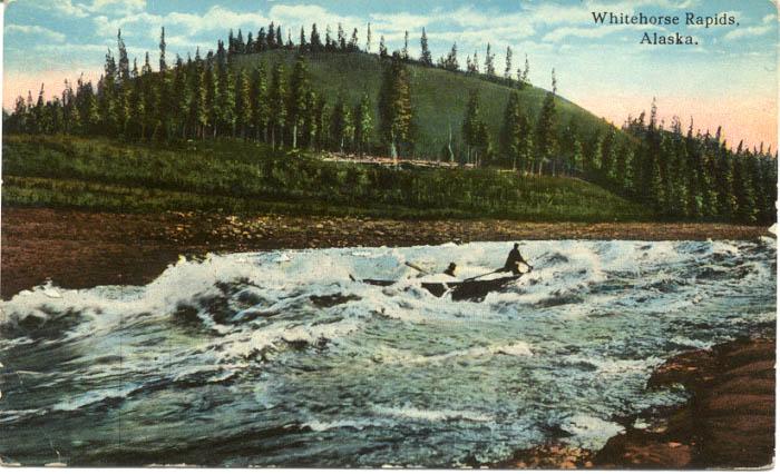 A photo of men in a boat running White Horse Rapids.
