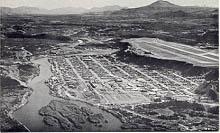 An aerial view of Whitehorse in the 1950s, before construction of the Whitehorse Rapids Dam.