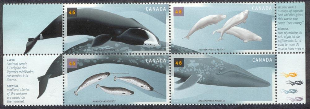 Whales on a set of Canadian postage stamps.