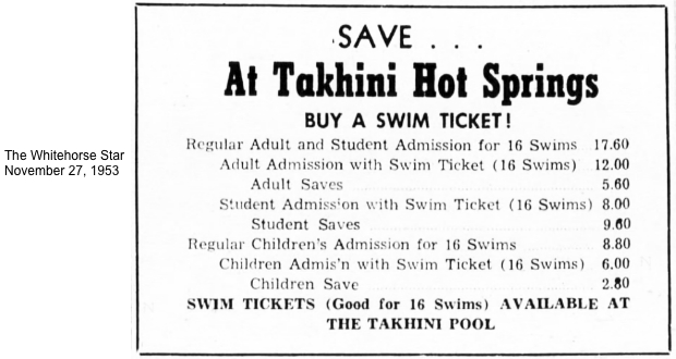 Takhini Hot Springs rate chart, 1953