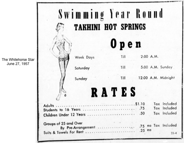 Takhini Hot Springs ad, 1957