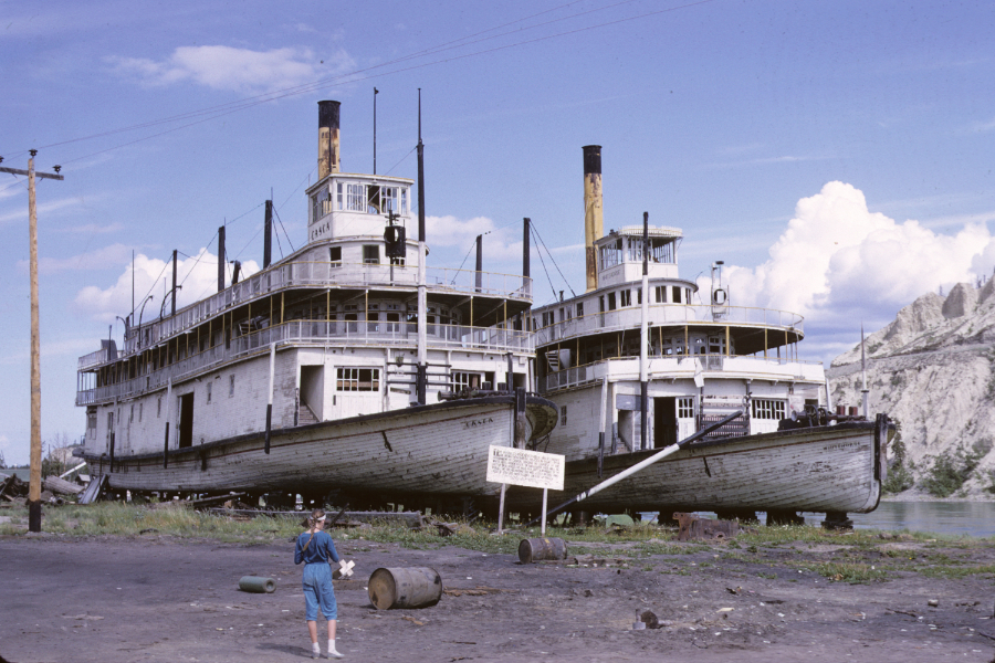 A classic portrait of the sternwheelers Casca and Whitehorse. Photo shot in 1966 - digital image donated to ExploreNorth by Michael Drews in 2025.